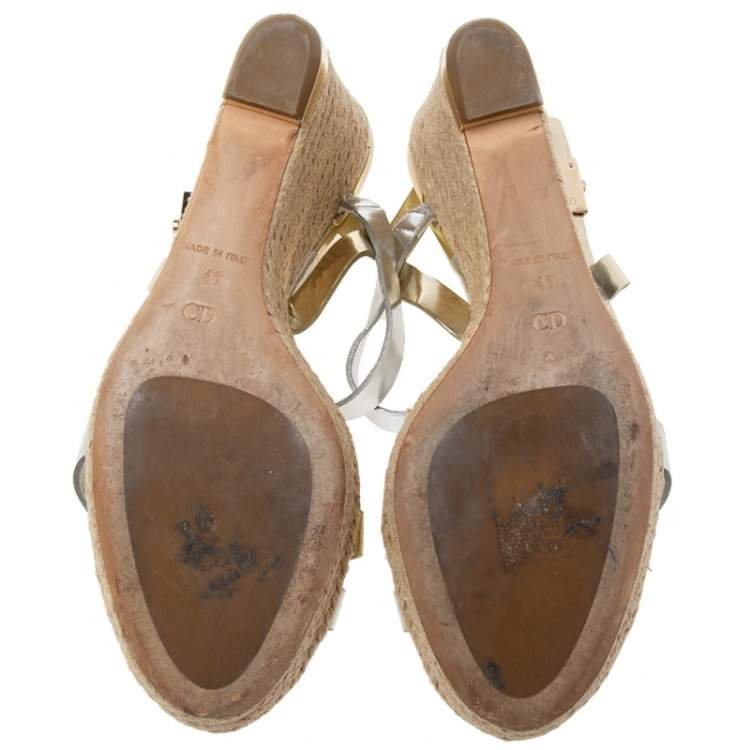 Pre Owned Dior Metallic Leather Criss Cross Wedge Espadrille Ankle Strap Sandals Size 41