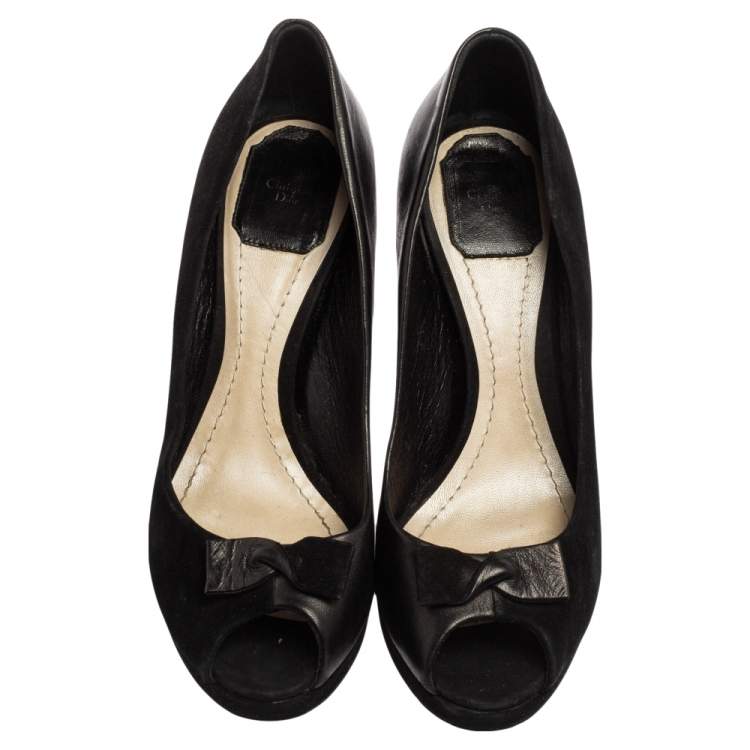Pre Owned Dior Black Leather and Suede Bow Peep Toe Pumps Size 38