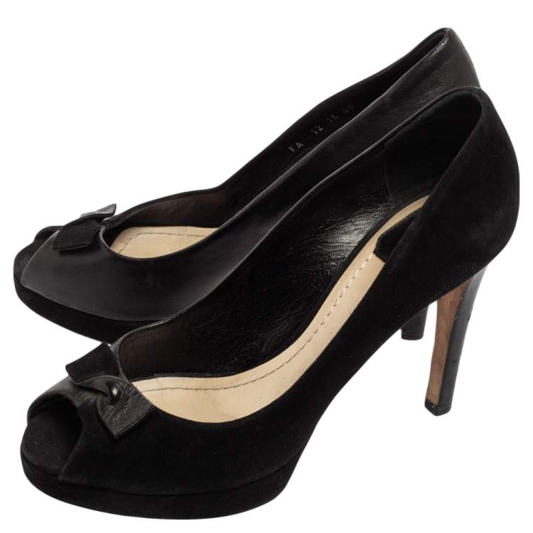Pre Owned Dior Black Leather and Suede Bow Peep Toe Pumps Size 38