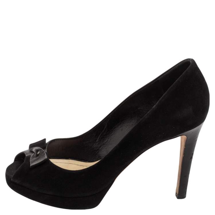 Pre Owned Dior Black Leather and Suede Bow Peep Toe Pumps Size 38