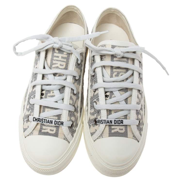 Pre Owned Dior White Oblique Embroidered Canvas Walk'N'Dior Low Top Sneakers Size 38.5