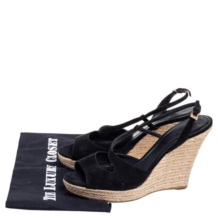 Pre Owned Dior Black Suede Slingback Espadrille Wedge Sandals  Size 41