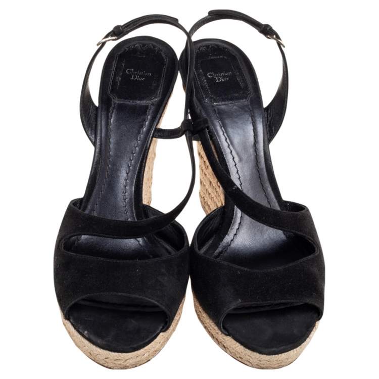 Pre Owned Dior Black Suede Slingback Espadrille Wedge Sandals  Size 41