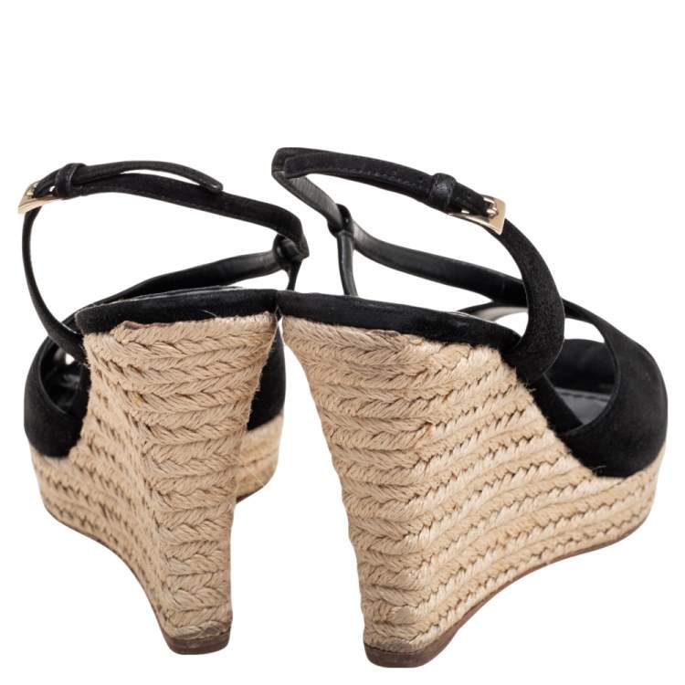 Pre Owned Dior Black Suede Slingback Espadrille Wedge Sandals  Size 41