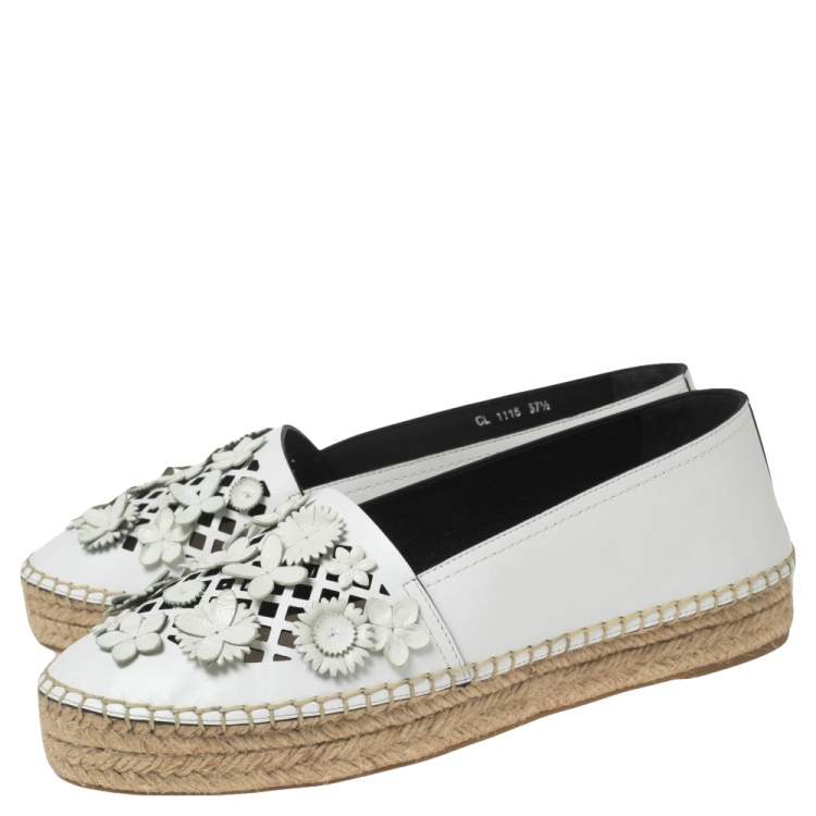 Pre Owned Dior White Laser Cut Floral Embellished Leather Flore Flat Espadrilles Size 37.5 