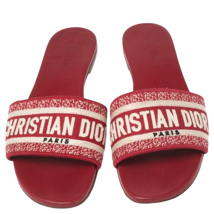 Pre Owned Dior Red Embroidered Canvas D way Flat Slides Size 41