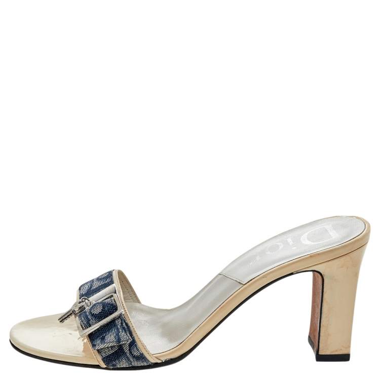 Pre Owned Dior Blue Oblique Denim And Patent Leather Sandals Size 36.5