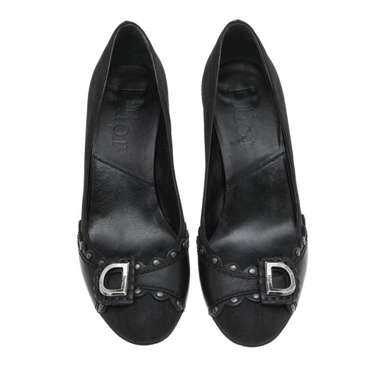 Pre Owned Dior Black Oblique Nylon and Leather Round Toe Pumps Size 37