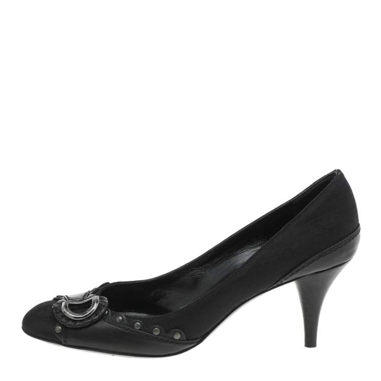 Pre Owned Dior Black Oblique Nylon and Leather Round Toe Pumps Size 37