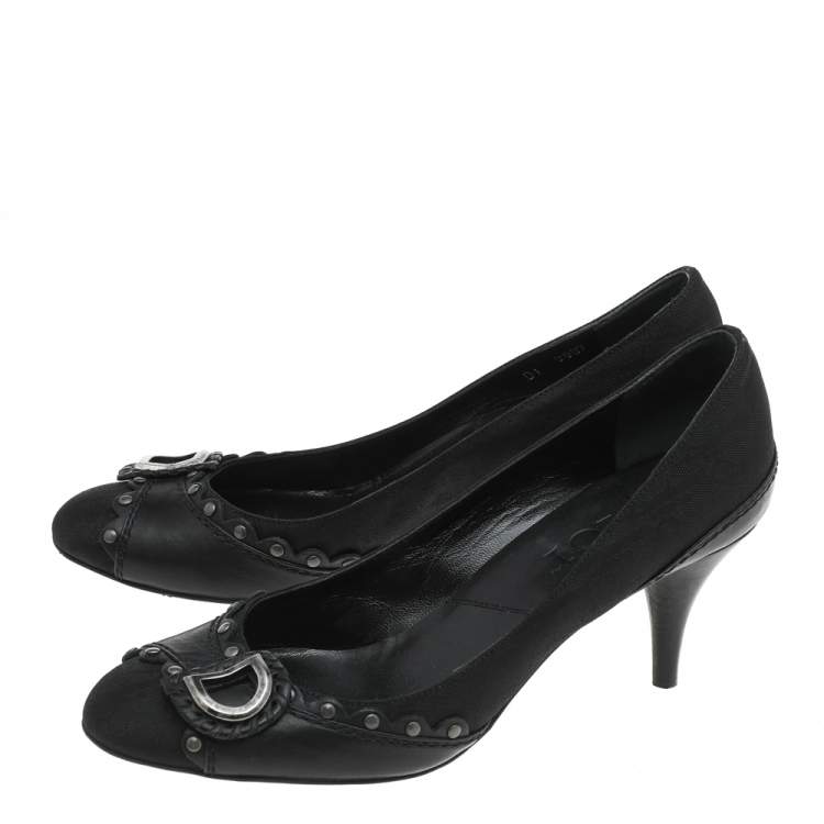 Pre Owned Dior Black Oblique Nylon and Leather Round Toe Pumps Size 37