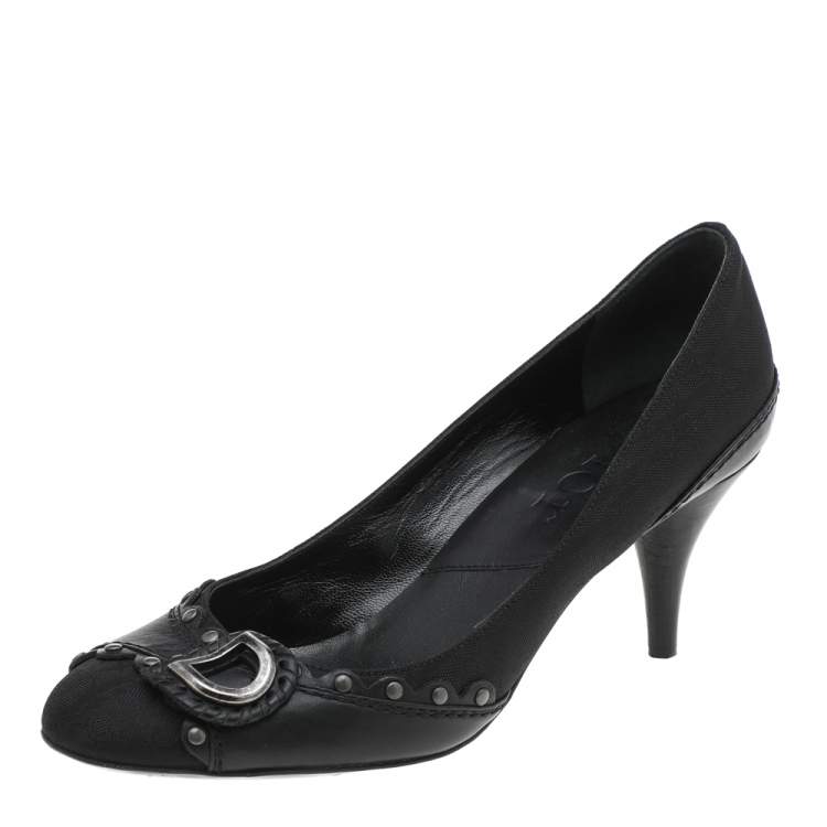 Pre Owned Dior Black Oblique Nylon and Leather Round Toe Pumps Size 37