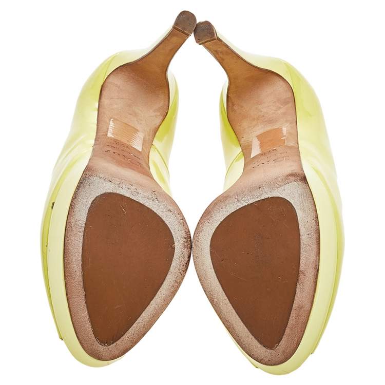 Pre Owned Dior Lime Yellow Patent Leather Miss Dior Peep Toe Platform Pumps Size 37.5