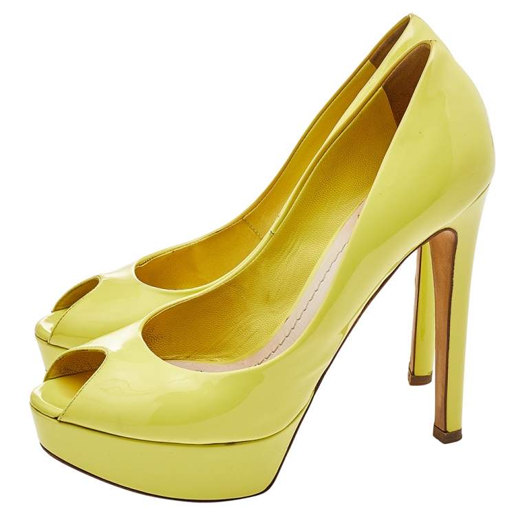Pre Owned Dior Lime Yellow Patent Leather Miss Dior Peep Toe Platform Pumps Size 37.5