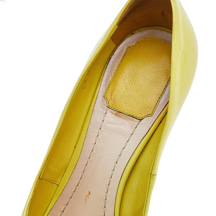 Pre Owned Dior Lime Yellow Patent Leather Miss Dior Peep Toe Platform Pumps Size 37.5