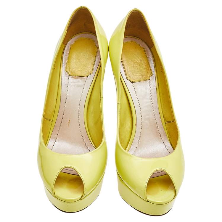 Pre Owned Dior Lime Yellow Patent Leather Miss Dior Peep Toe Platform Pumps Size 37.5