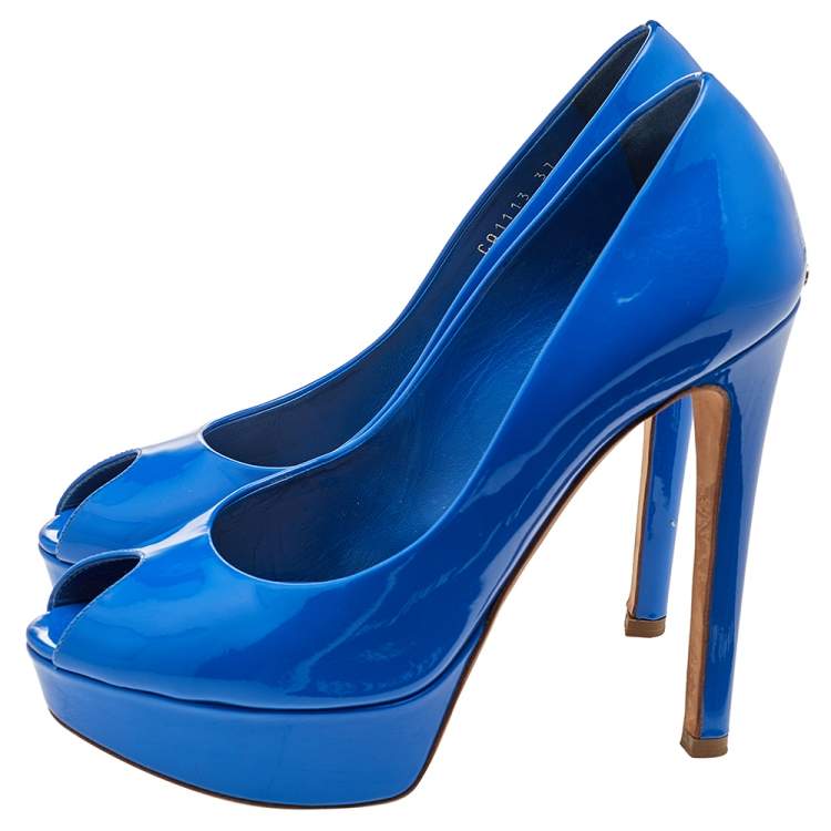 Pre Owned Dior Blue Patent Leather Miss Dior Peep Toe Platform Pumps Size 37