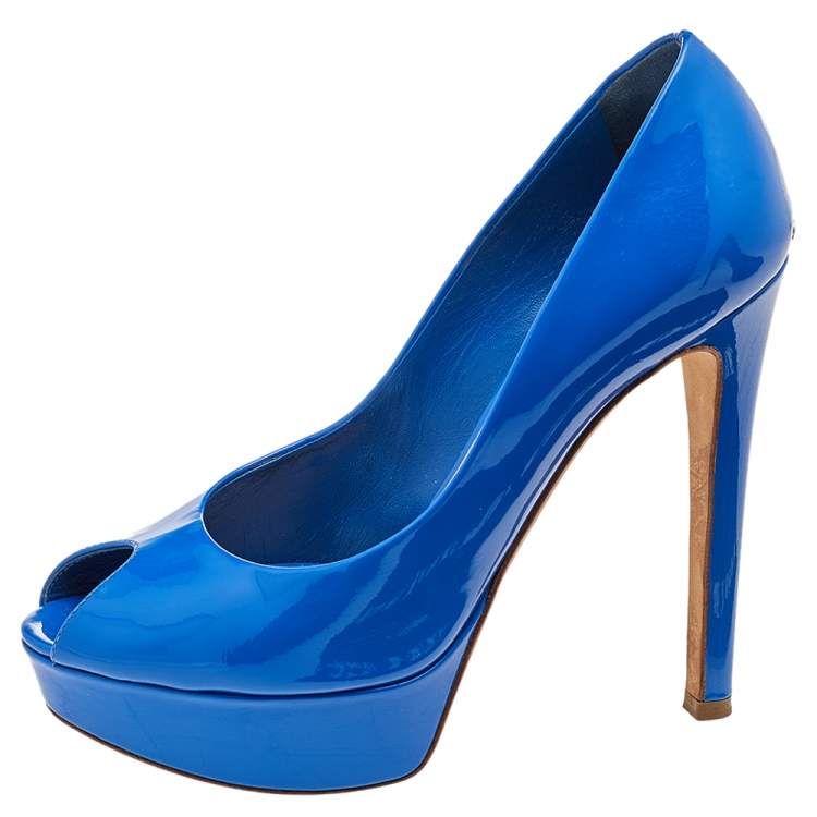 Pre Owned Dior Blue Patent Leather Miss Dior Peep Toe Platform Pumps Size 37