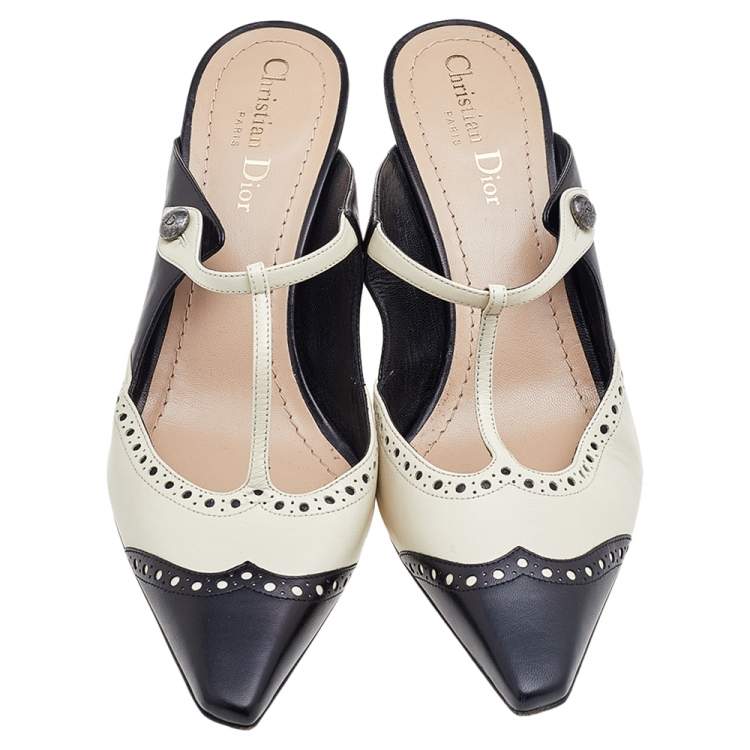 Pre Owned Dior Black/Cream Brogue Leather Pointed Toe Mules Size 39