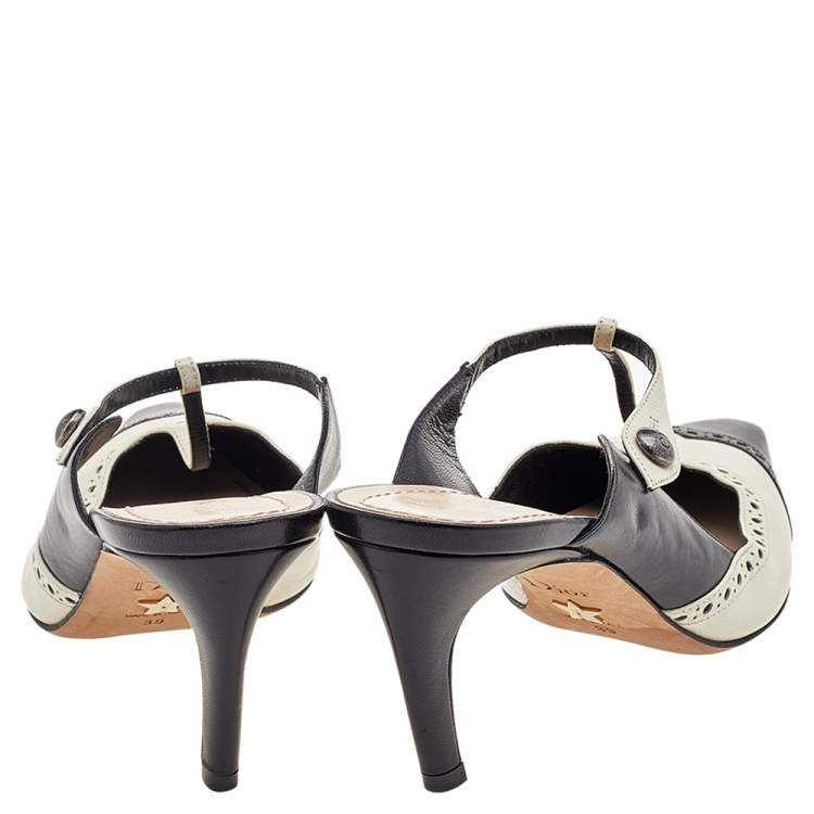 Pre Owned Dior Black/Cream Brogue Leather Pointed Toe Mules Size 39