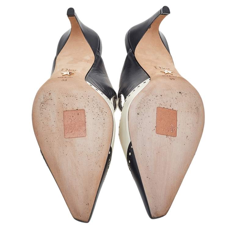 Pre Owned Dior Black/Cream Brogue Leather Pointed Toe Mules Size 39