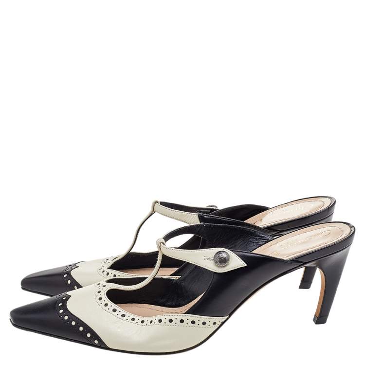 Pre Owned Dior Black/Cream Brogue Leather Pointed Toe Mules Size 39