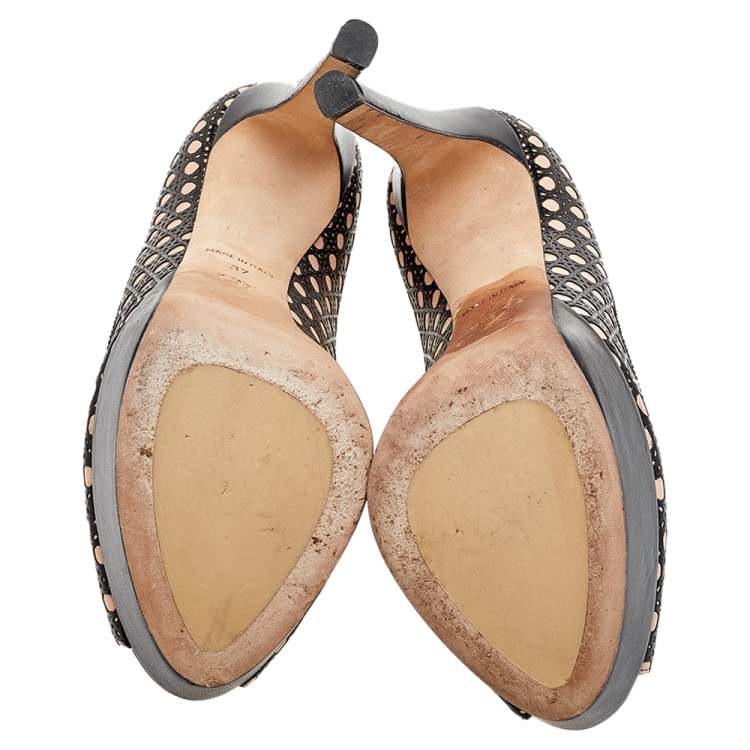 مملوكة مسبقًا Dior Beige/Black Cannage Cutout Leather Miss Dior Peep Toe Platform Pumps Size 37