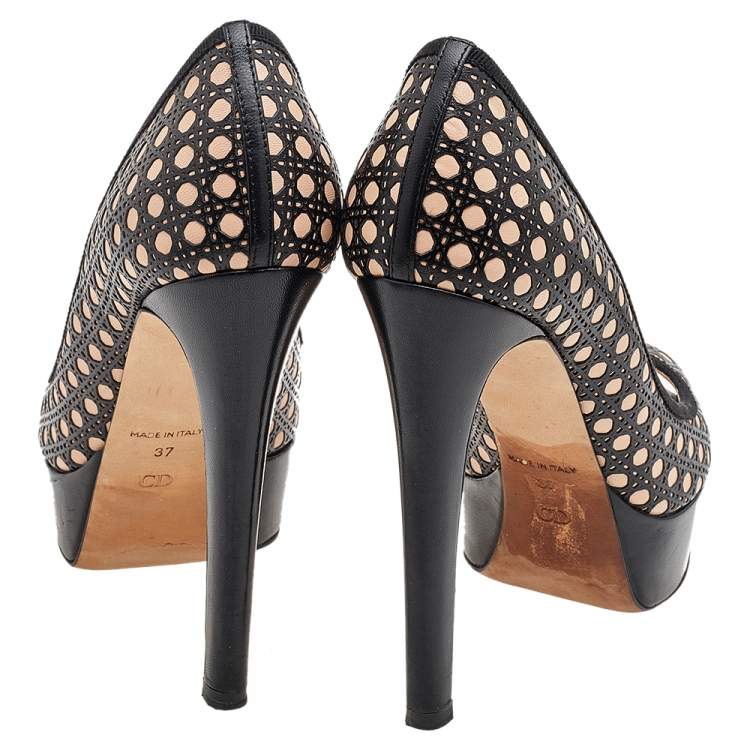 مملوكة مسبقًا Dior Beige/Black Cannage Cutout Leather Miss Dior Peep Toe Platform Pumps Size 37