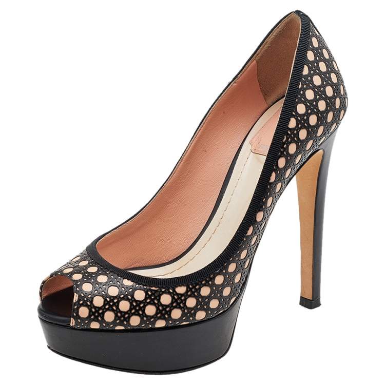 مملوكة مسبقًا Dior Beige/Black Cannage Cutout Leather Miss Dior Peep Toe Platform Pumps Size 37