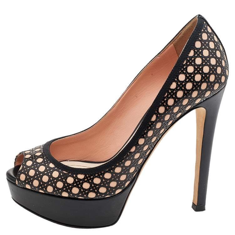 مملوكة مسبقًا Dior Beige/Black Cannage Cutout Leather Miss Dior Peep Toe Platform Pumps Size 37