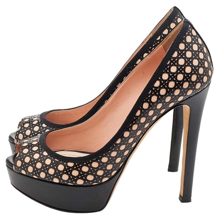 مملوكة مسبقًا Dior Beige/Black Cannage Cutout Leather Miss Dior Peep Toe Platform Pumps Size 37