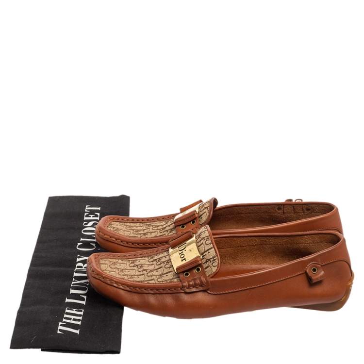 Pre Owned Dior Brown Leather and Monogram Canvas Loafers Size 37