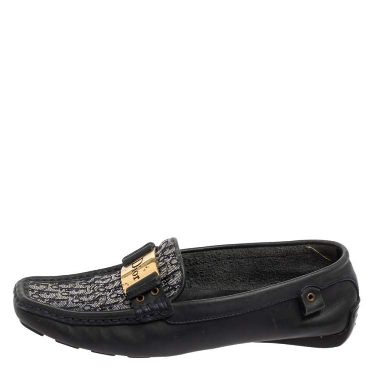 Pre Owned Dior Dark Navy Blue Leather and Monogram Canvas Loafers Size 36 