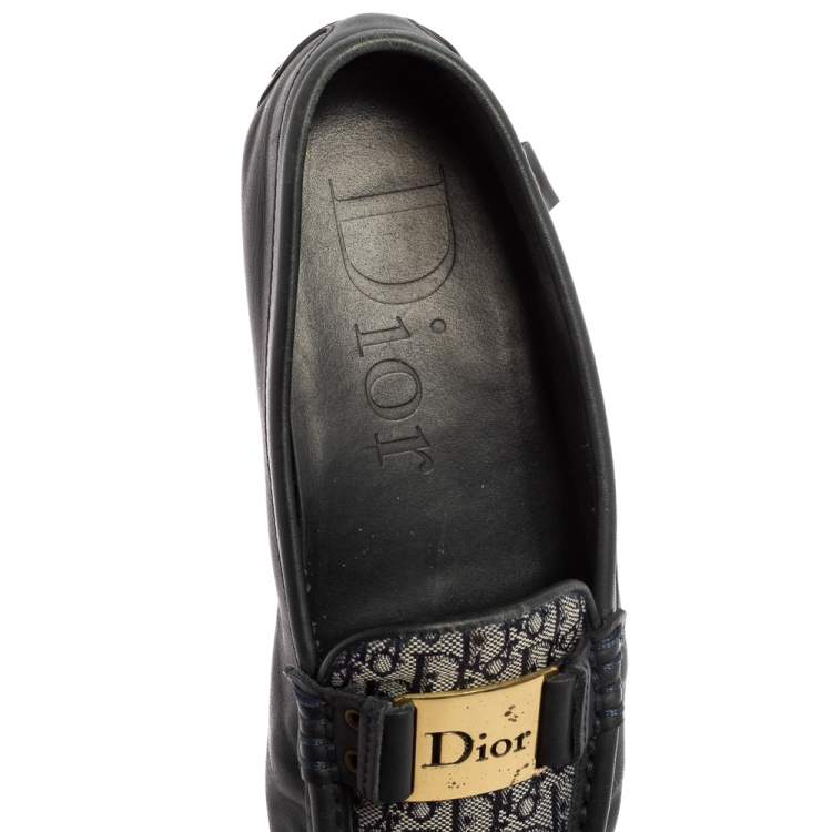 Pre Owned Dior Dark Navy Blue Leather and Monogram Canvas Loafers Size 36 
