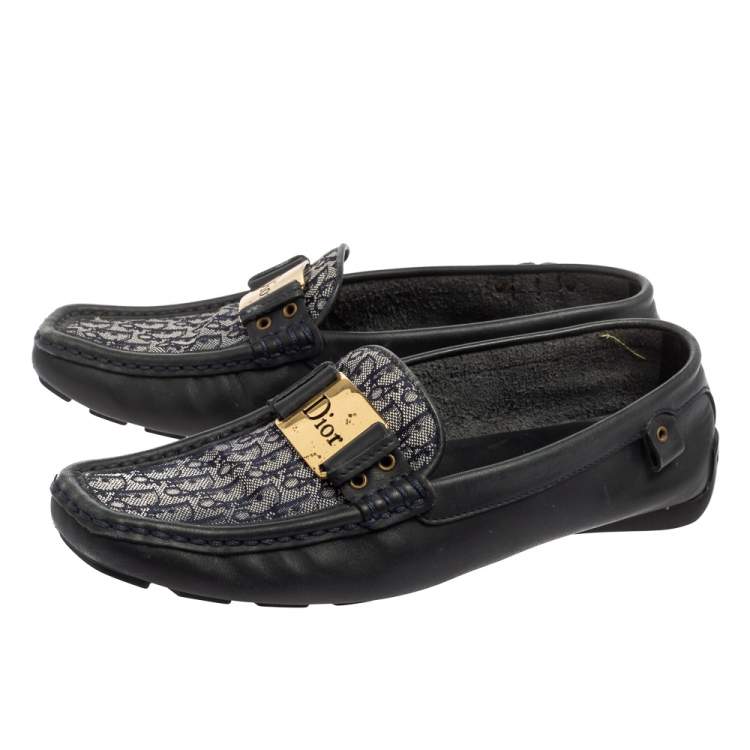 Pre Owned Dior Dark Navy Blue Leather and Monogram Canvas Loafers Size 36 