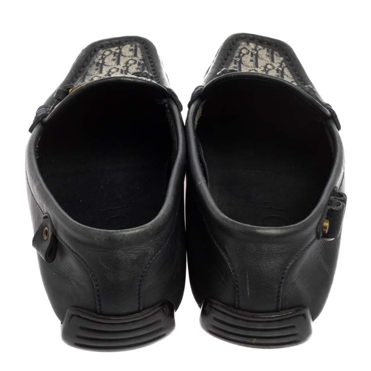 Pre Owned Dior Dark Navy Blue Leather and Monogram Canvas Loafers Size 36 