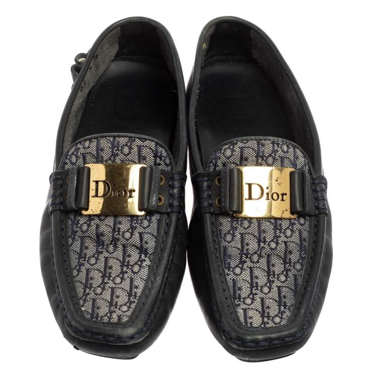 Pre Owned Dior Dark Navy Blue Leather and Monogram Canvas Loafers Size 36 