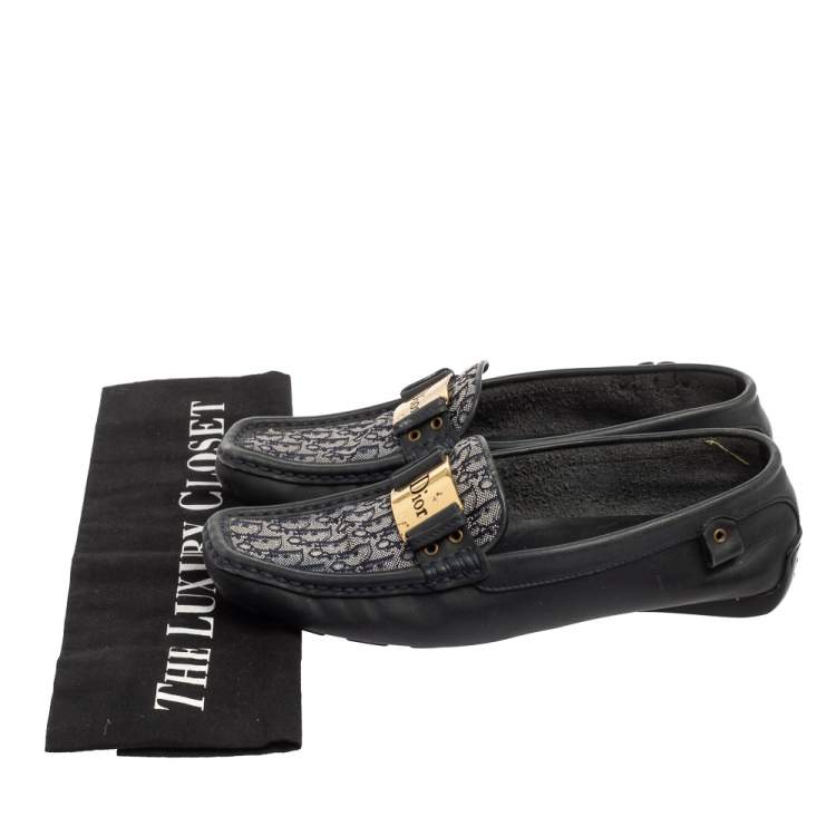 Pre Owned Dior Dark Navy Blue Leather and Monogram Canvas Loafers Size 36 