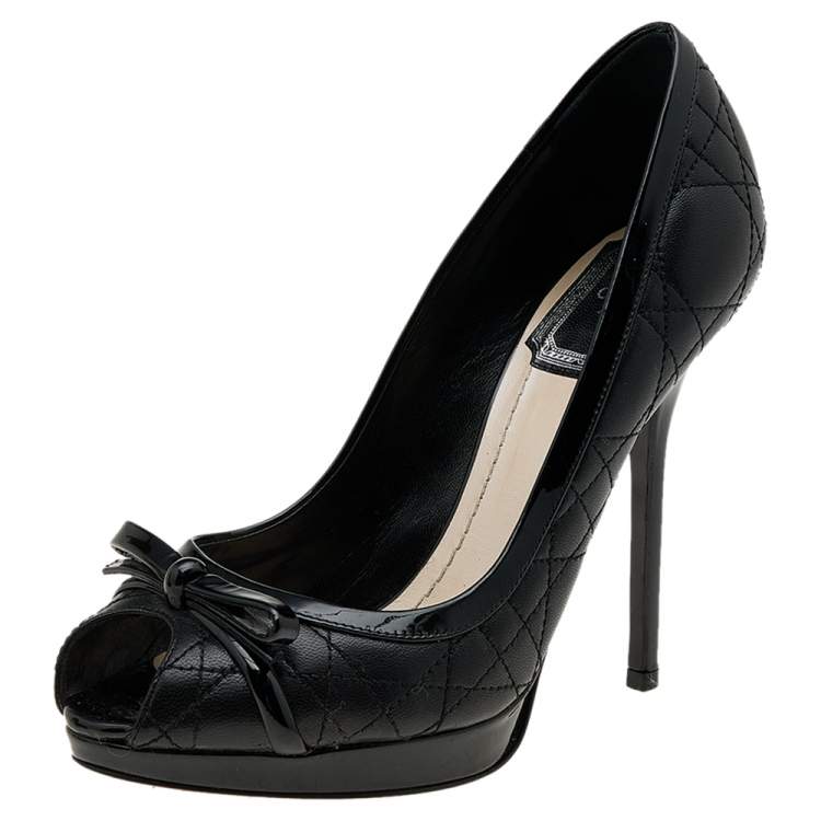 Pre Owned Dior Black Cannage Leather Bow Peep Toe Platform Pumps Size 36
