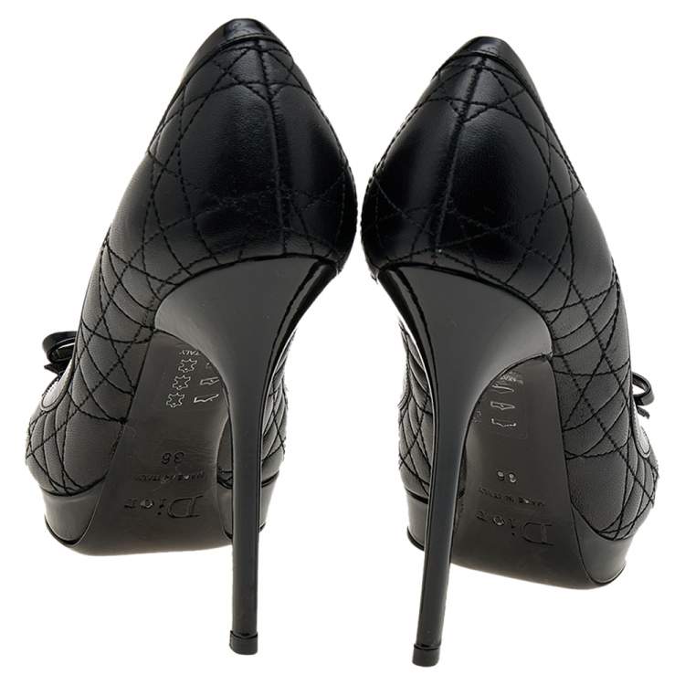 Pre Owned Dior Black Cannage Leather Bow Peep Toe Platform Pumps Size 36