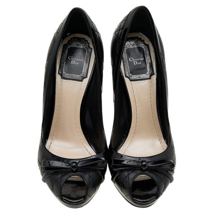 Pre Owned Dior Black Cannage Leather Bow Peep Toe Platform Pumps Size 36