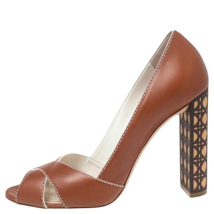 Pre Owned Dior Brown Leather Cannage Heel Peep-Toe Pumps Size 40 