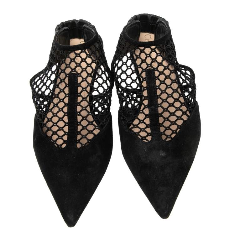 Pre Owned Dior Black Suede And Mesh Pointed Toe Slingback Flat Sandals Size 40.5