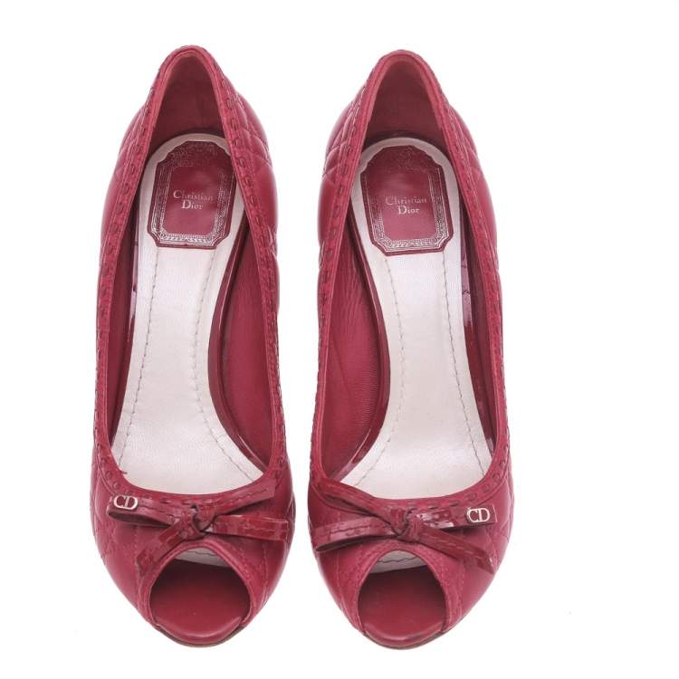 Pre Owned Dior Red Cannage Leather And Patent Leather Bow Peep Toe Pumps Size 38.5