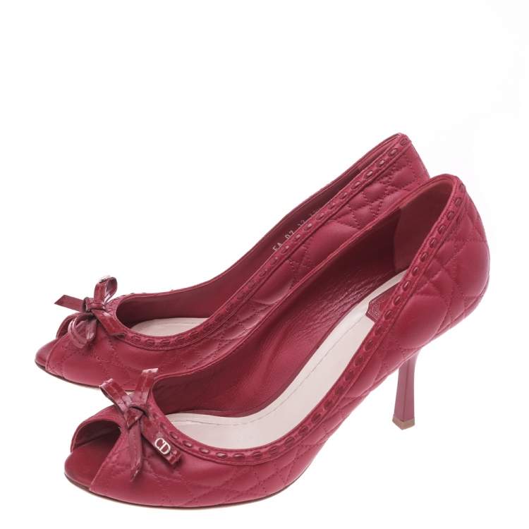 Pre Owned Dior Red Cannage Leather And Patent Leather Bow Peep Toe Pumps Size 38.5