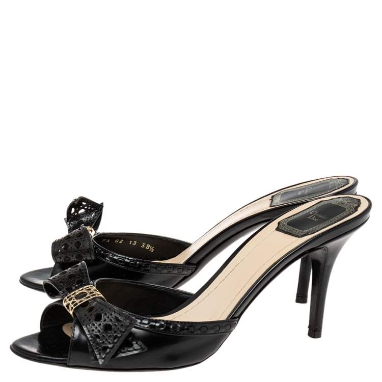 Pre Owned Dior Black Leather Cannage Laser Cut Bow Slide Sandals Size 38.5