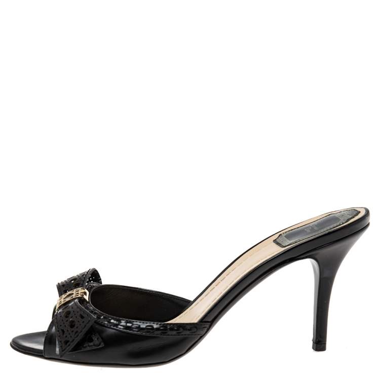 Pre Owned Dior Black Leather Cannage Laser Cut Bow Slide Sandals Size 38.5