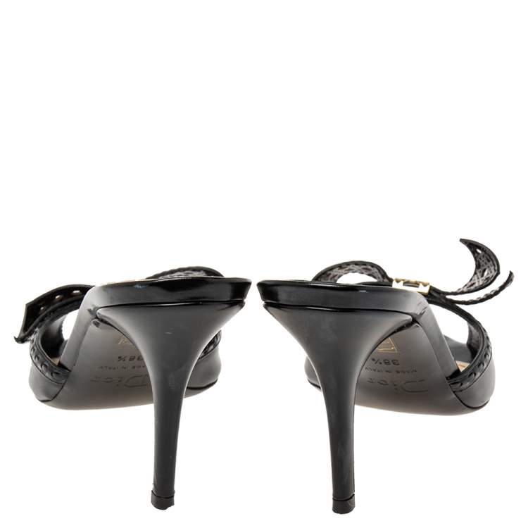 Pre Owned Dior Black Leather Cannage Laser Cut Bow Slide Sandals Size 38.5