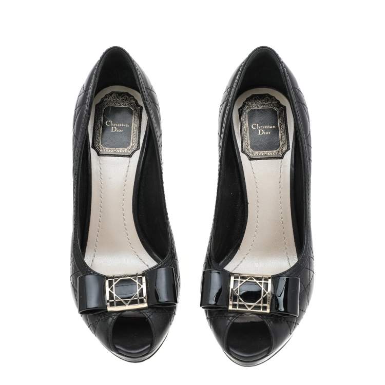Pre Owned Dior Black Cannage Leather And Patent Leather Bow Peep Toe Platform Pumps Size 35