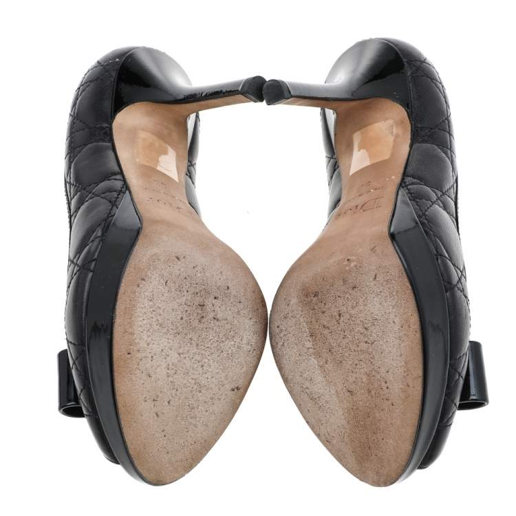 Pre Owned Dior Black Cannage Leather And Patent Leather Bow Peep Toe Platform Pumps Size 35