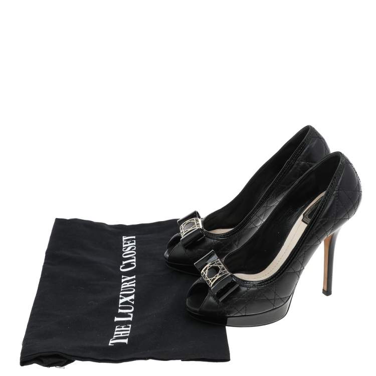 Pre Owned Dior Black Cannage Leather And Patent Leather Bow Peep Toe Platform Pumps Size 35